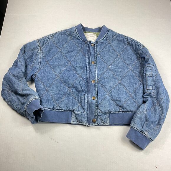 Anthropologie Quilted Denim Bomber Jacket Boho Western Casual Cropped Coat S - Picture 1 of 12